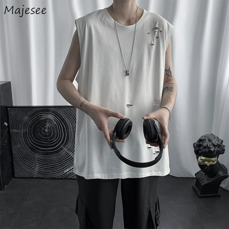 

Men Tanks Tops Ripped Clothes Streetwear O-neck Pure Color Baggy Simple Teens All-match Handsome Fashion Ulzzang Popular Casual