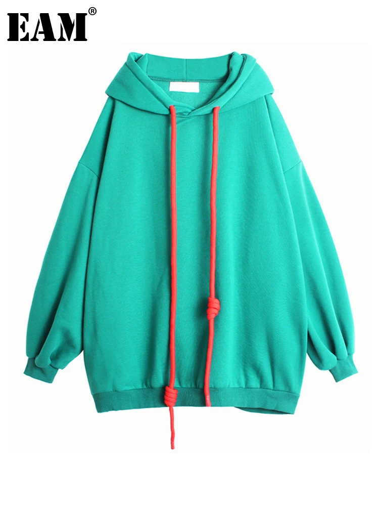 

[EAM] Loose Fit Green Big Size Long Sweatshirt New Hooded Long Sleeve Women Big Size Fashion Tide Spring Autumn 2023 1DE3204