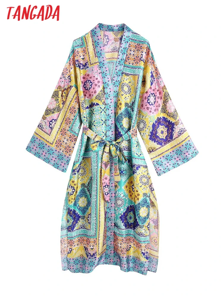 

Tangada Women Totem Flowers Print Kimono Coat Loose Long Sleeves Pocket 2022 Ladies Vintage Long Coat CE141