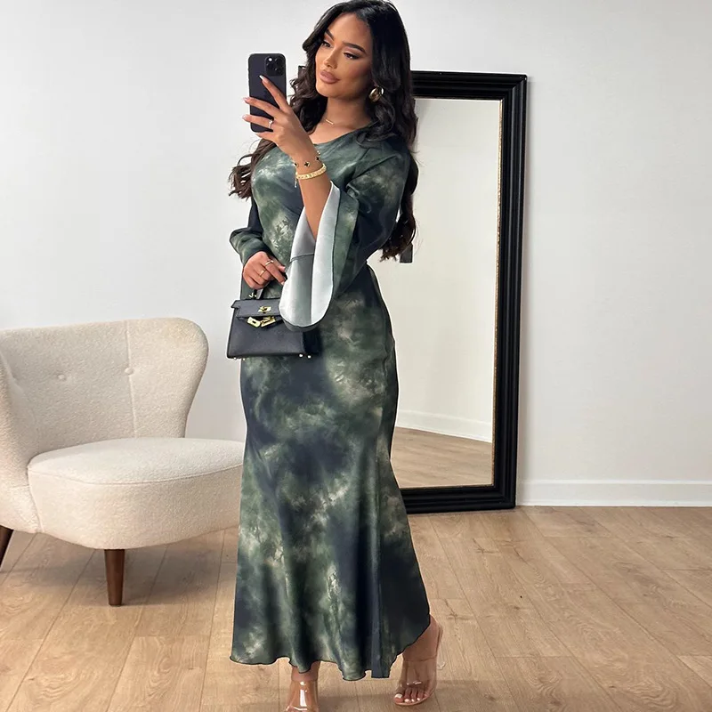Элегантное женское платье макси с принтом и длинным рукавом свободная атласная