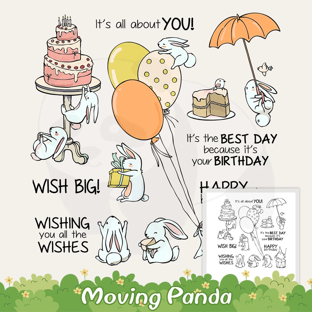

Happy Birthday Cake Cute Rabbits Cutting Dies Clear Stamp DIY Scrapbooking Metal Dies Silicone Stamps For Cards Albums Crafts