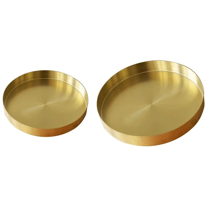 

2Pcs Round Gold Tray,Metal Decorative Tray Makeup Tray Organizer For Vanity,Matte Brass Finish, 4.9 Inch & 7.9 Inch CNIM Hot