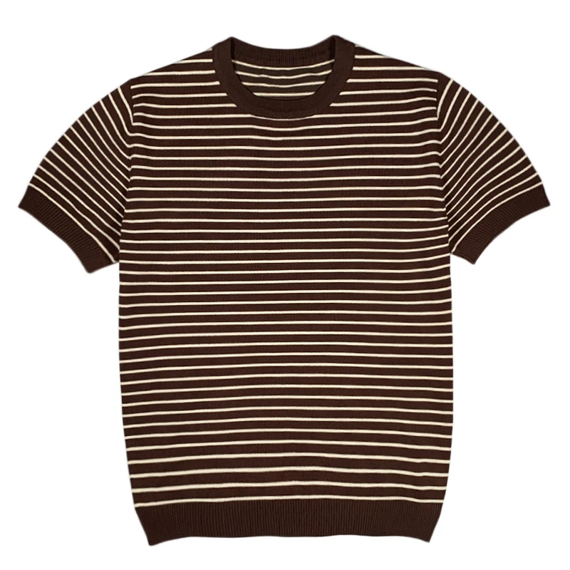 

New Summer Striped Embroidery Men's Designer Short Sleeve Casual Tops Shirt Male O-neck Fashions Ice Silk Knitted Shirts