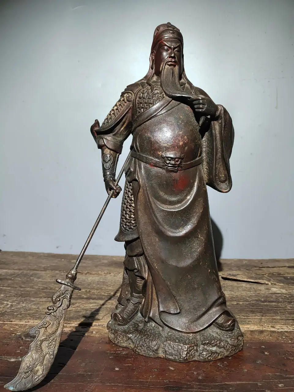 

16"Tibet Temple Collection Old Bronze Gilding Cinnabar Guan Yu Guan Yunchang door-god Lifting knife Worship Hall Town house