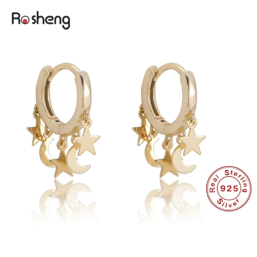 

925 Silver Original Star Moon Drop Hoop Earrings 18k gold plated for Women Fashion Korean Fine Jewelry Party Brithday Gifts