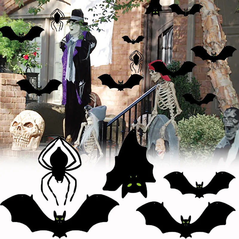 

5pcs Halloween Luminous Eyes Bat Spider Hanging Scary Black Bat Large Fake Bat Spooky Decoration Yard Sign Outdoor Lawn Decor