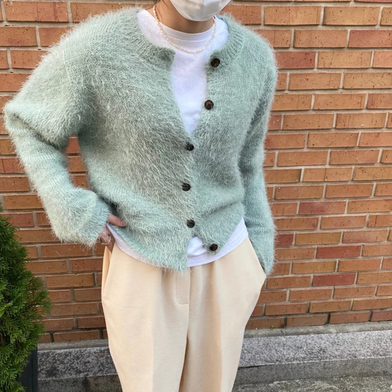 

White Faux Rabbit Fur Winter Autumn Women Cardigan Sweaters Plush Long Sleeve Korean Oversized Jacket Sweater Tops Overcoat