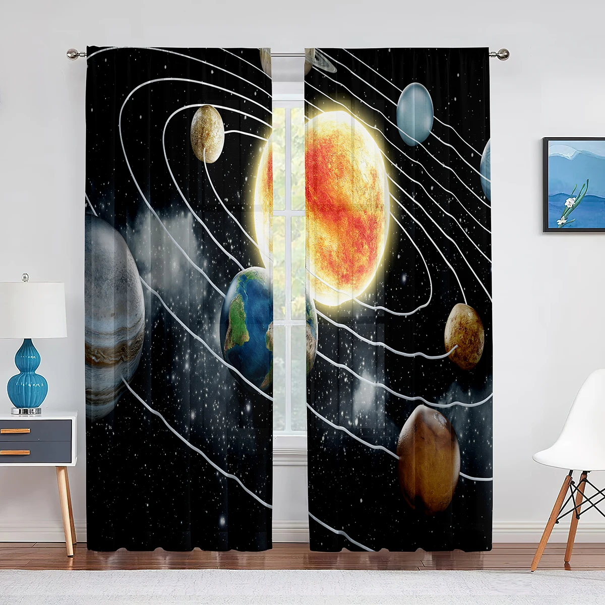 Solar System Outer Space Sheer Voile Curtain for Living Room Bedroom Decor Planet Galaxy Glitter Fantasy Window Tulle Curtains