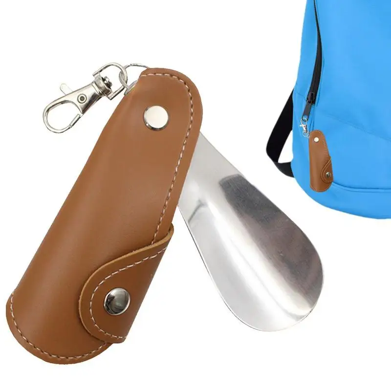 Keychain Portable Stainless Steel Travel Shoe Horn Keychain With Pu Leather Case Shoe Pumping Tool Kids Adults