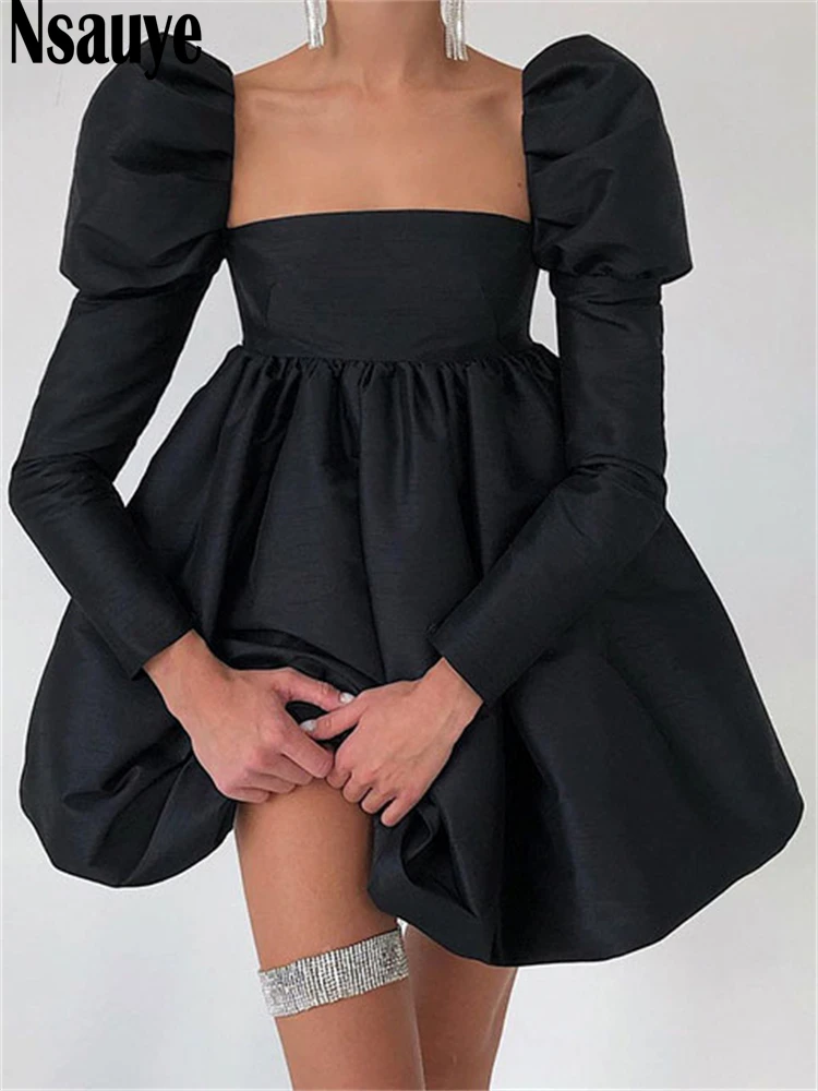 

Женское винтажное мини-платье Nsauye, черное платье с квадратным вырезом, коротким рукавом-фонариком и открытой спиной, весна-лето 2022