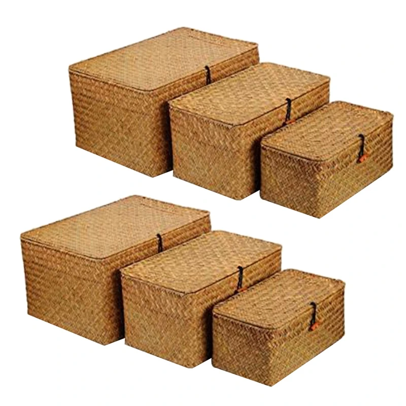 

2X Woven Wicker Storage Bins Basket Sets For Shelves, Set Of 3 Different Sizes, Multipurpose Container With Lid