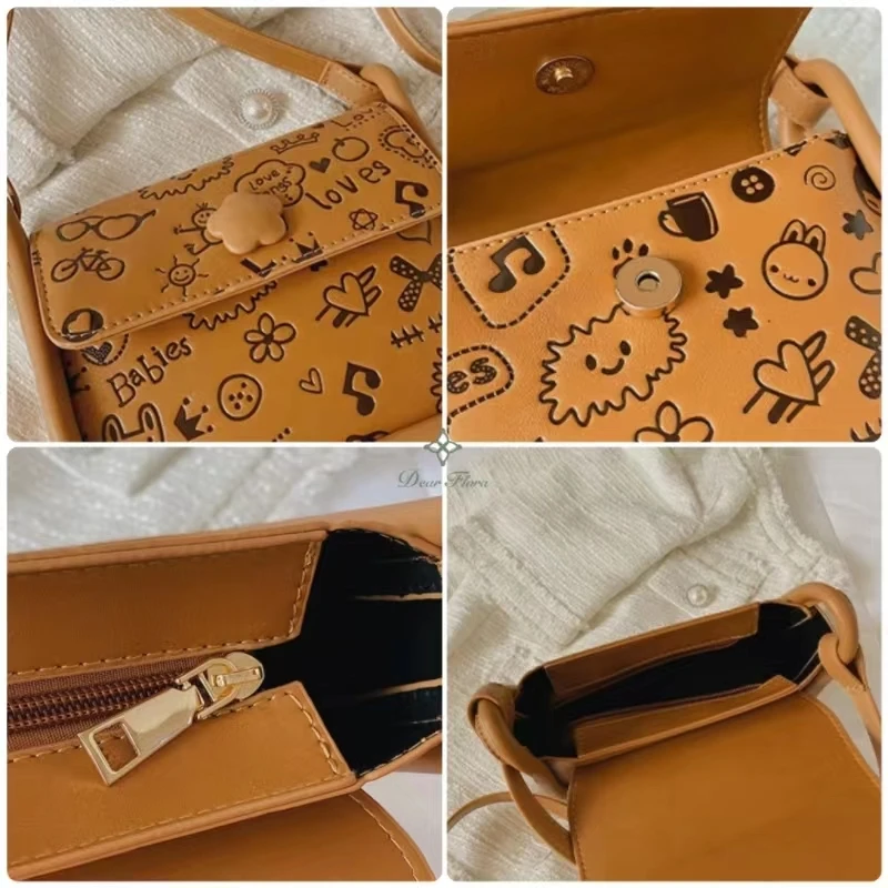 Girls Cute Fashion Ins Style Printed Shoulder Bags Women Square Kawaii Casual Versatile Portable Commute Messenger Crossbody Bag