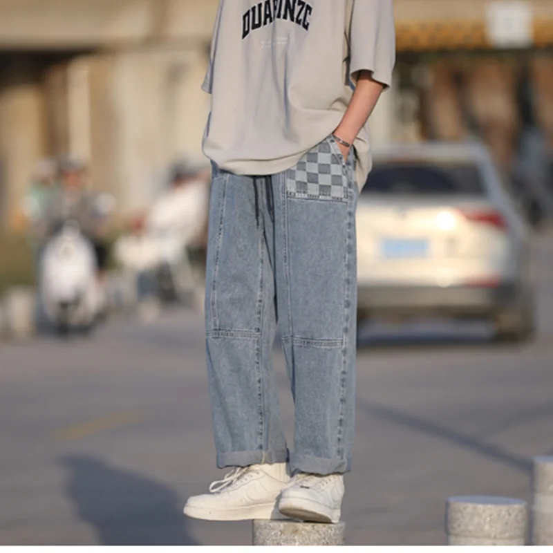 Men Clothing 2022 New Pattern Vintage Chessboard Splicing Recreational Blue Jeans Loose Straight Cylinder Trousers Autumn Female