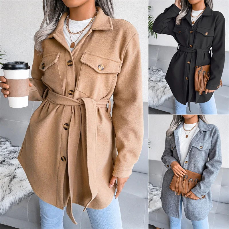 

Autumn Women Fashion Polyester Coat with Belt Outwear Female Single-breasted Jacket Clothes for Office Lady High Waistline