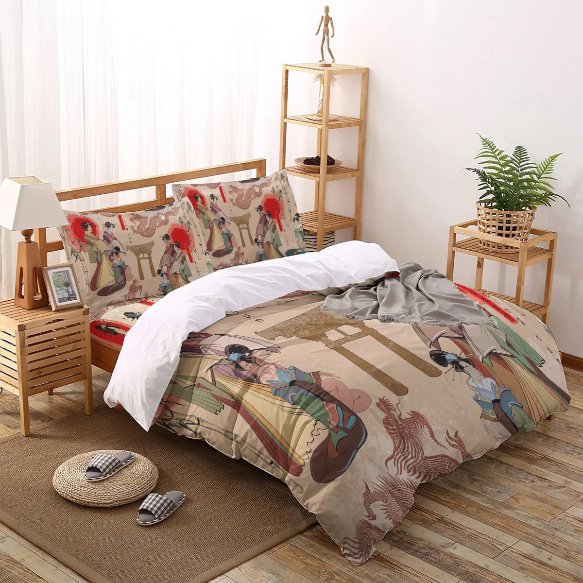 

Sun Dragon Geisha Bedding Set Winter Bed Linen Bed Sheet Pillowcase King Queen Size Duvet Cover for Bedroom