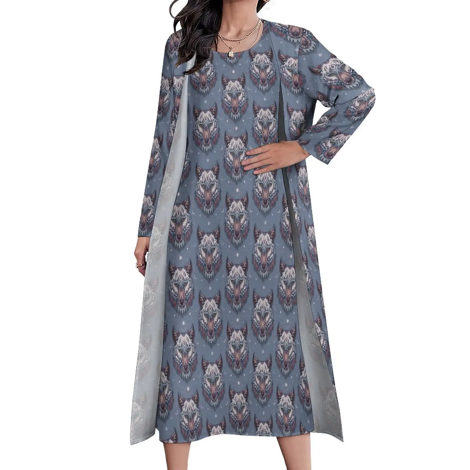 

Heads of Wolf Dress Boho Animal Elegant Maxi Dress Korean Fashion Casual Long Dresses Female Two Piece Custom Oversized Vestido