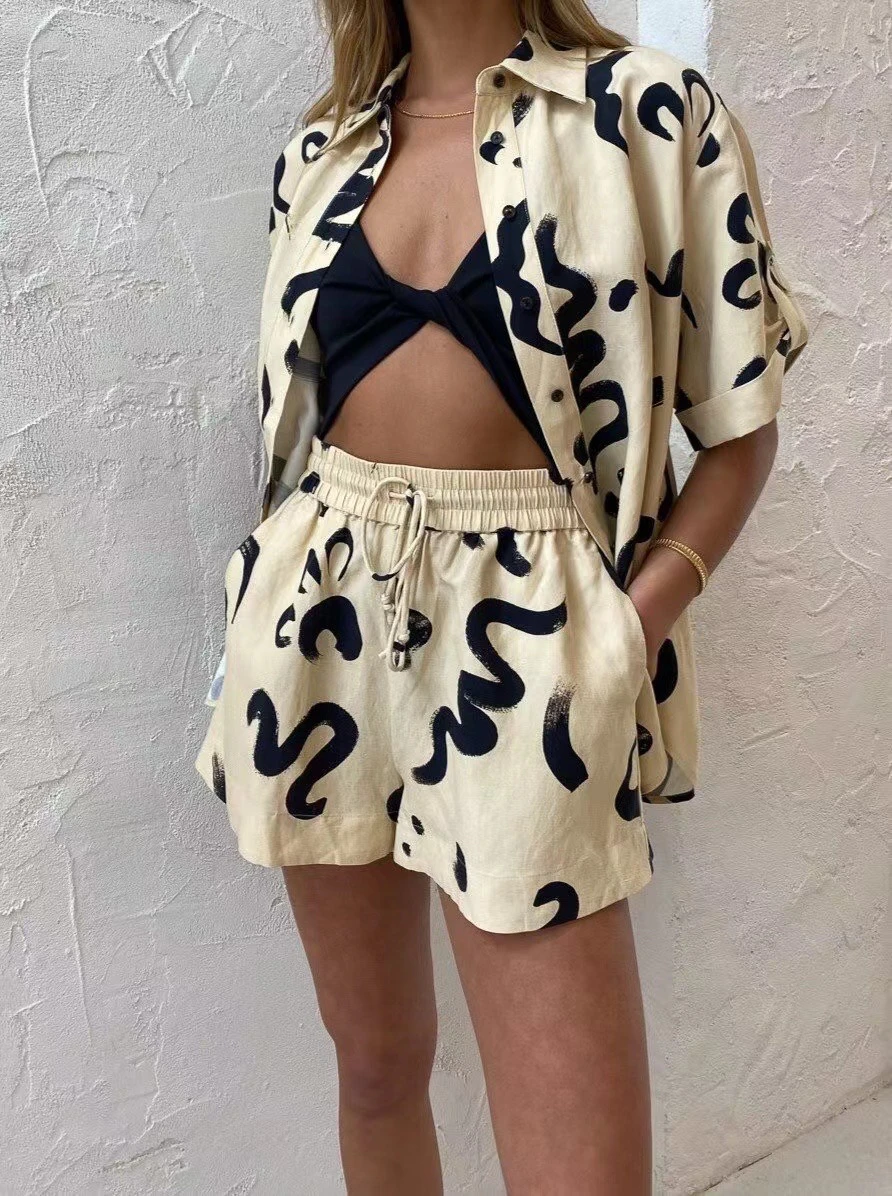 

Women Short Sleeve Abstract Stroke Curve Print Loose Linen Shirt Top +casual Linen Shorts Set