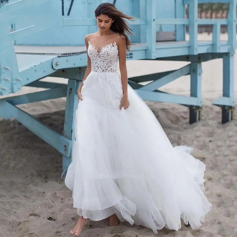 

Boho Wedding Dresses Elegant Lace Appliques A-Line Beach Sheer Scoop Neck Illusion Back With Button Bridal Gown 2022 Custom Made