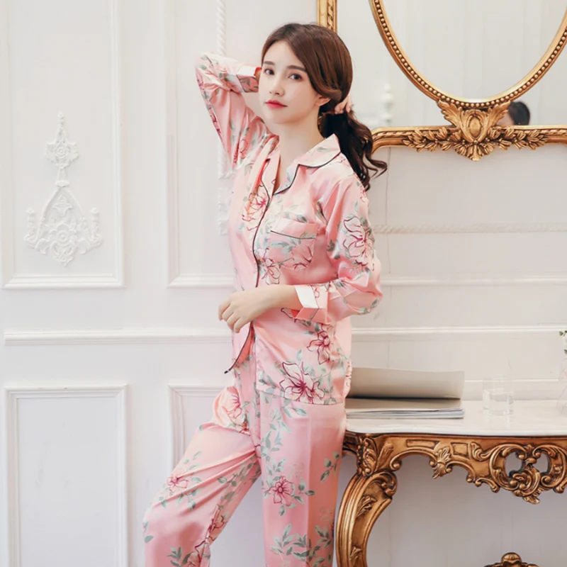 New spring and summer thin silk imitation female flower long sleeve trousers printed cardigan lapel casual sweet home suit