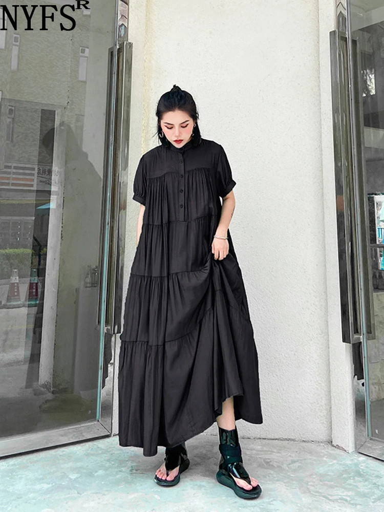 

NYFS 2023 Summer New Office Lady Woman Dress Vestidos Robe Elbise Loose Plus Size Short Sleeve Fashion Long Dresses