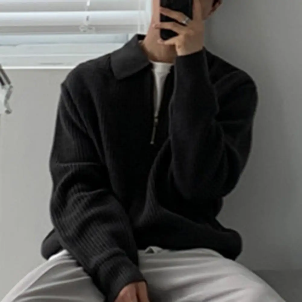 Мужской пуловер мужской свитер на полумолнии с отложным воротником однотонный