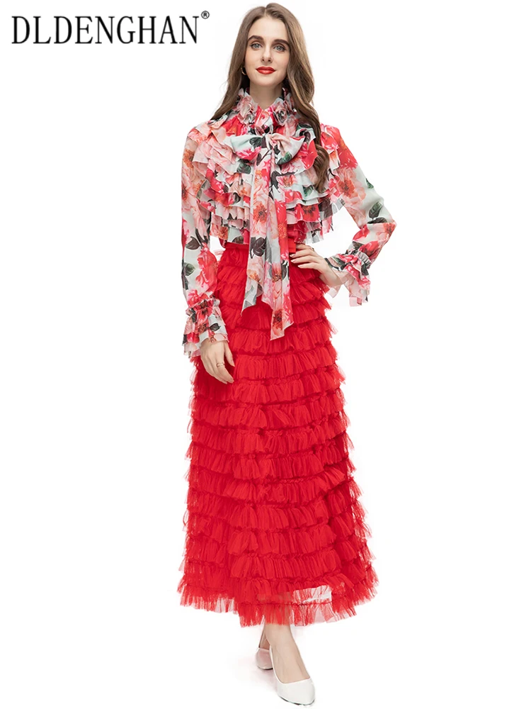 

Костюм DLDENGHAN женский с цветочным принтом, модная рубашка с воротником-стойкой и аппликацией, длинная сетчатая юбка с оборками, комплект из 2 предметов на раннюю осень