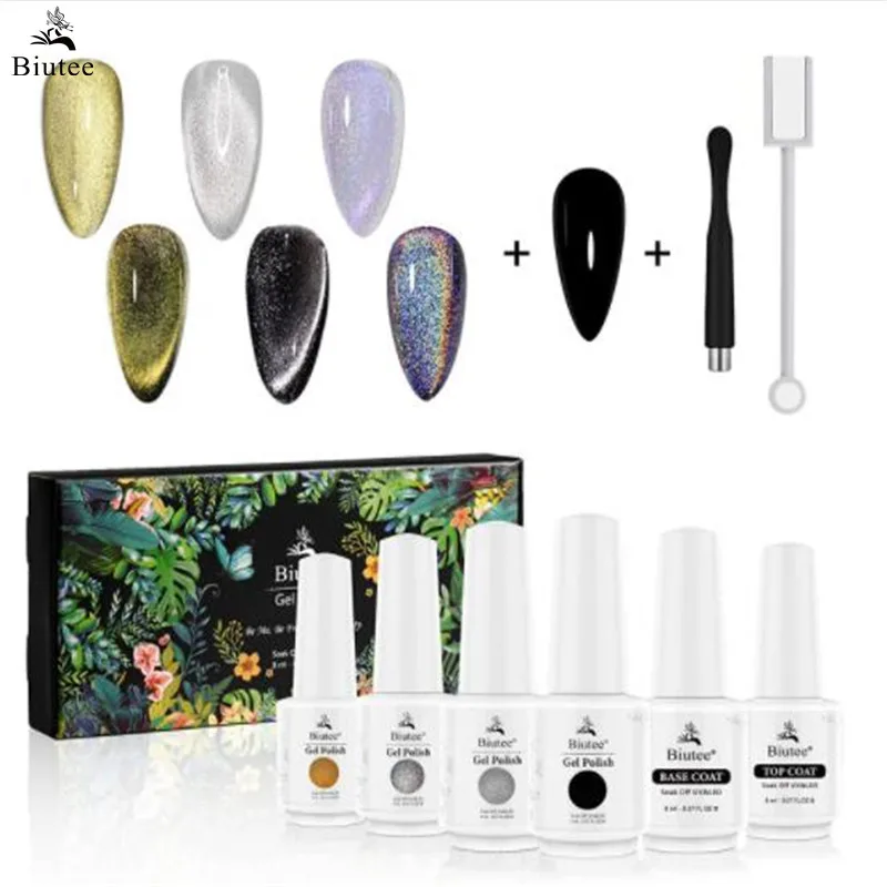 

Biutee 9D Cat Eye Nail Polish Kit Holographic Rainbow Gold Sliver Magnetic Gel Polish Black Gel Soak Off UV Gel Nail Art Varnish