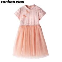 ton lion kids 2022 summer cute tulle fashion short sleeve dress patchwork plaid dress ages 5 12 girls dresses kids dress