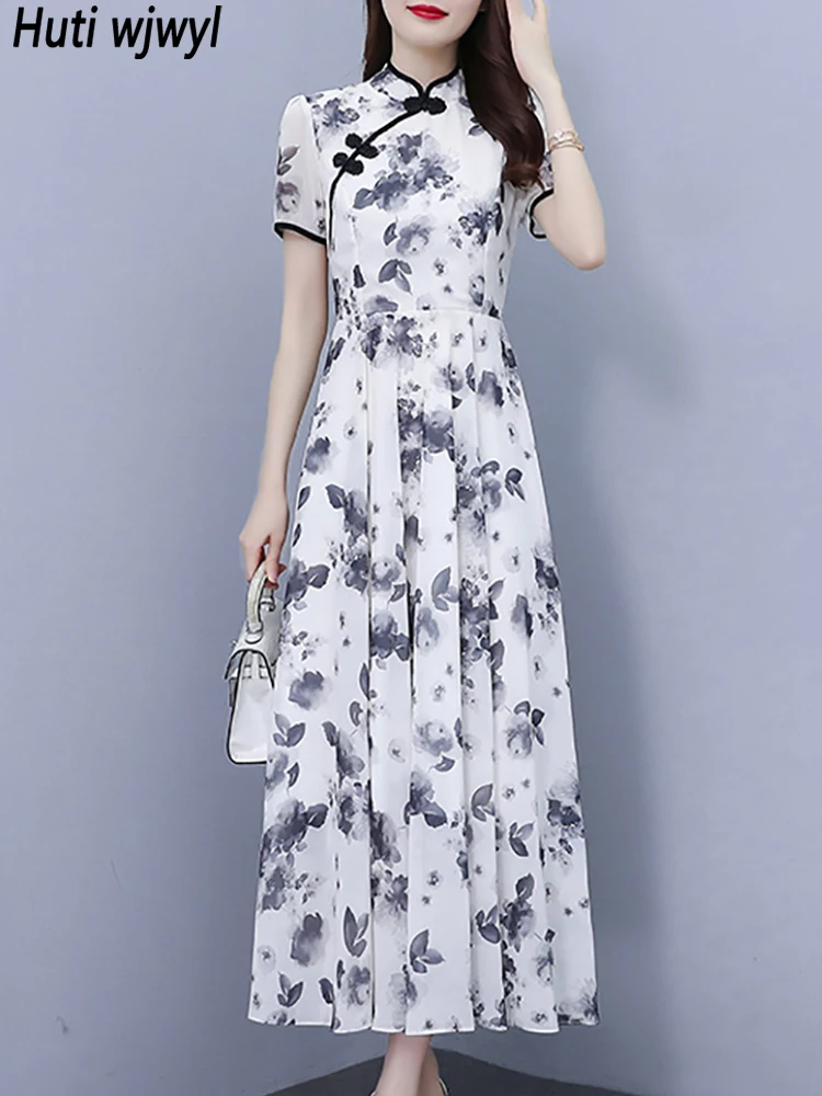 

Женское винтажное платье-Ципао, Элегантное Белое Облегающее платье средней длины с цветочным рисунком, шифоновое платье в винтажном стиле для выпускного вечера, лето 2023