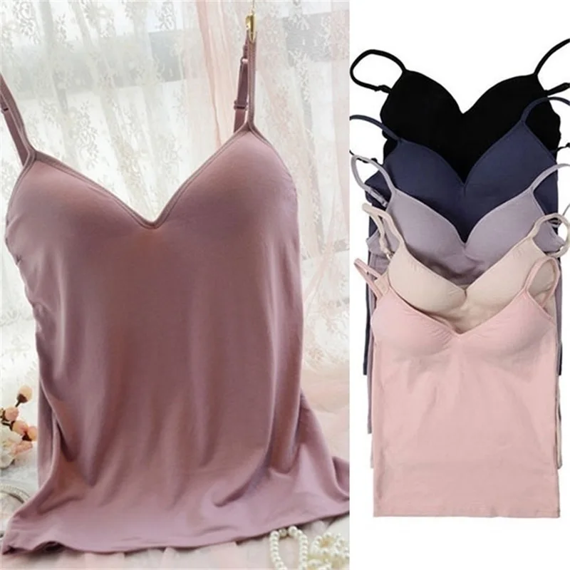 

GAOKE Women Solid Padded Bra Spaghetti Camisole Top Vest Female Camisole With Built In Bra 6 Colors