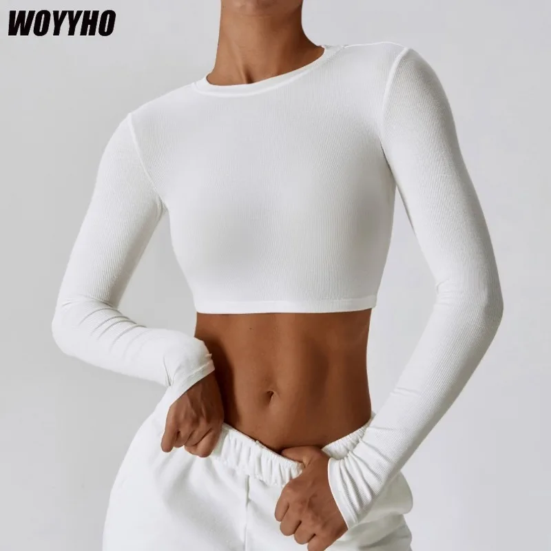 

WOYYHO Yoga Shirts Women Gym Crop Tops Long Sleeve Gym Sports Top with Pad Breathable Running T-Shirts Fitness Workout Clothing
