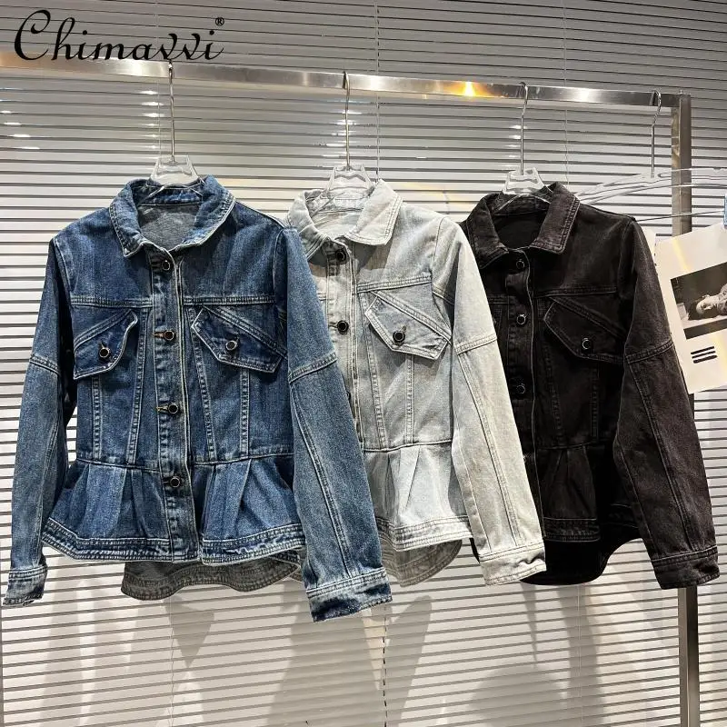 

Женская джинсовая куртка, приталенная кружевная куртка из денима с эффектом потертости, уличная одежда с длинным рукавом, универсальная ко...