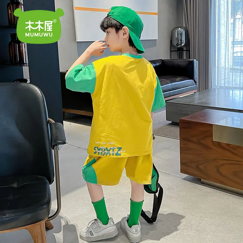 Pure Cotton Boy Sports Short Sleeve Suit Western Style Children's Thin 2022 New Summer Clothes Handsome