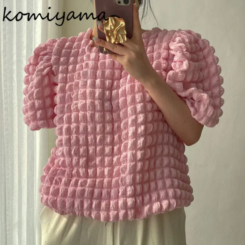 Модные блузки Komiyama с круглым вырезом пышными короткими рукавами летние