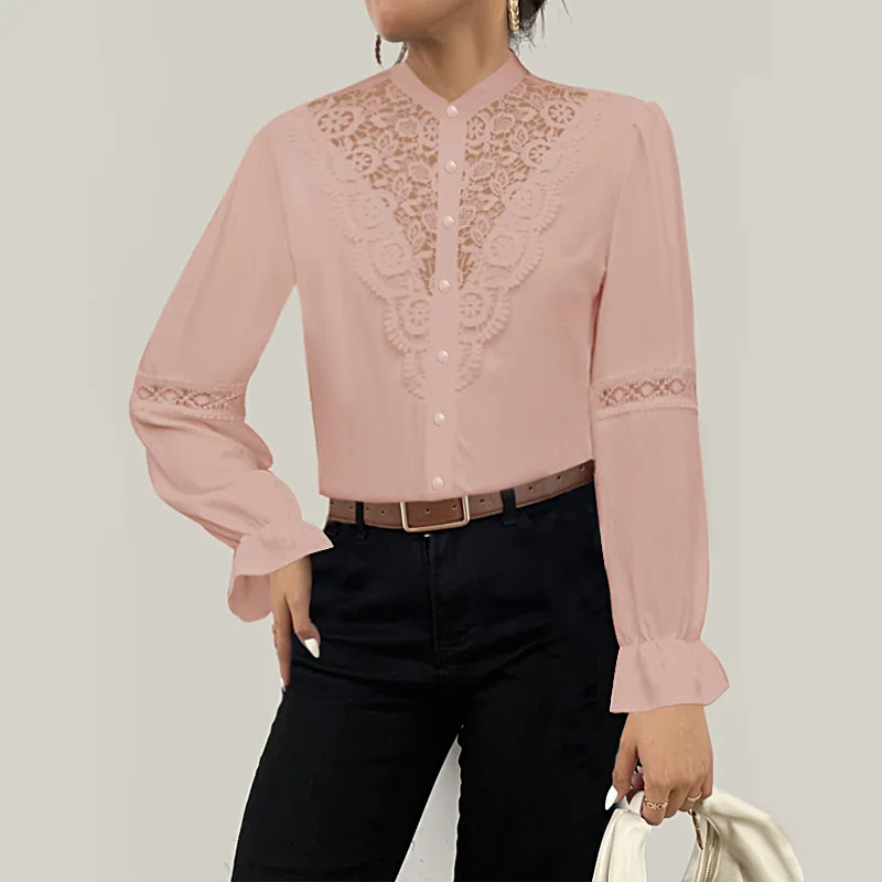 

Camisas E Blusas New Women's Solid Office Lady Commuting Lace Standing Collar Sexy Yet Elegant Hollow Shirts & Blouses Рубашка
