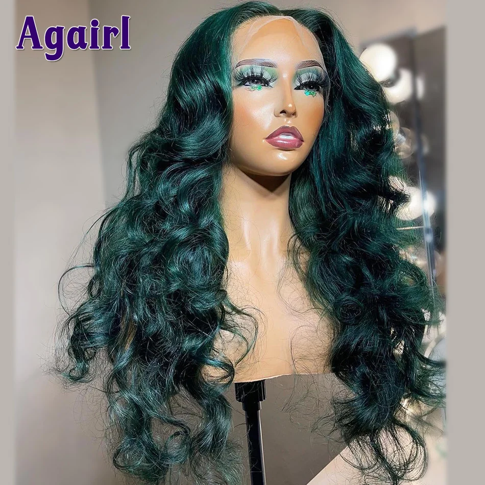 HD Transparent Dark Green Colored Body Wave Wigs 13x4 Lace Front Wig PrePlucked Human Hair Wigs Malaysian 4X4 Lace Closure Wig