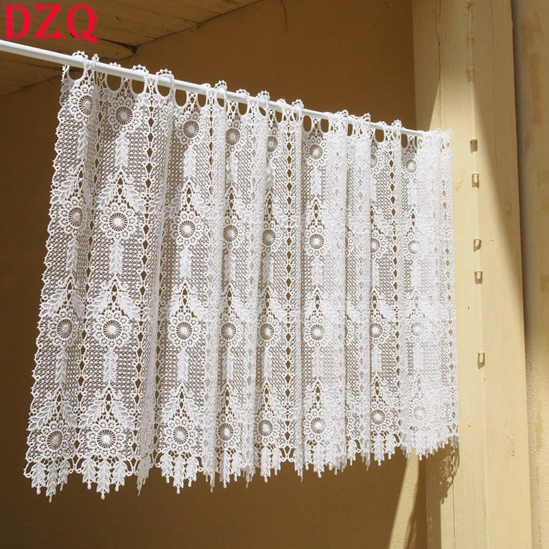

American Geometry Crochet Hollow Short Curtains for Kitchen Partition Manual Rhombus Linen Flowers Lace Half Curtains #A122
