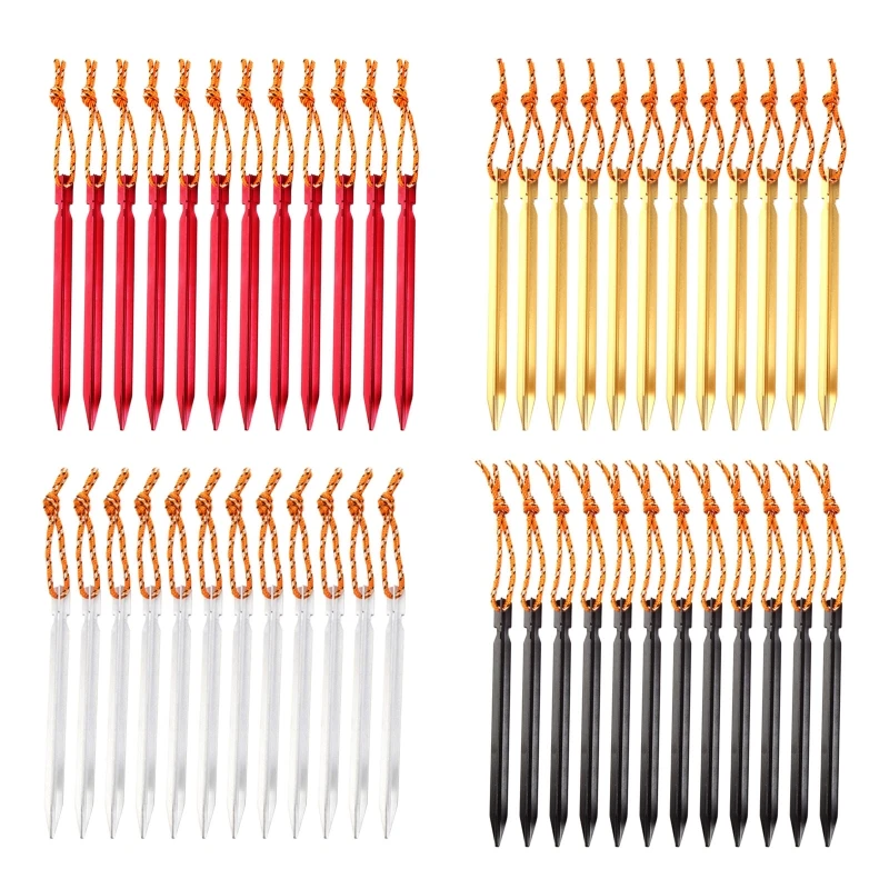 

12-Pack Aluminum Ground Pegs with Reflective Pull Ropes for Backpacking Camping