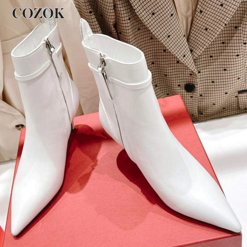 

High Quality Autumn And Winter New Pointed Toe Women's High Heel Ankle Boots Genuine Leather Zipper Fashion All-Match Boot