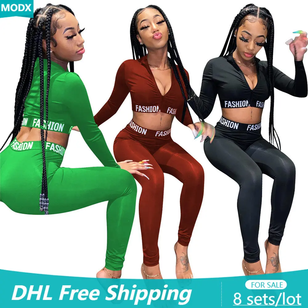 

8 Wholesale Women Tracksuits Casual Bodycon 2 Piece Set Sport Suit Lady Outfit Long Sleeve Femme Sweatsuit Crop Top + Pants 8591