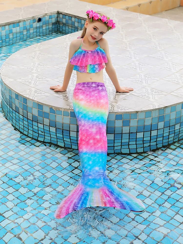 Little Mermaid Tails for Swimming Costume Mermaid Tail Cosplay Girls Swimsuit Bikini Set Kids Children Swimmable suit Monofin images - 6