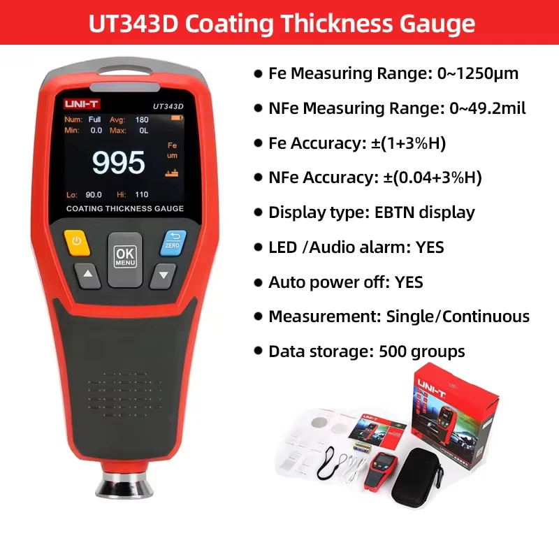 Фото UNI-T UT343A UT343D UT343E Толщиномер Цифровой измеритель покрытия Тестер толщины краски для автомобилей FE/NFE Измерение USB-даний №5