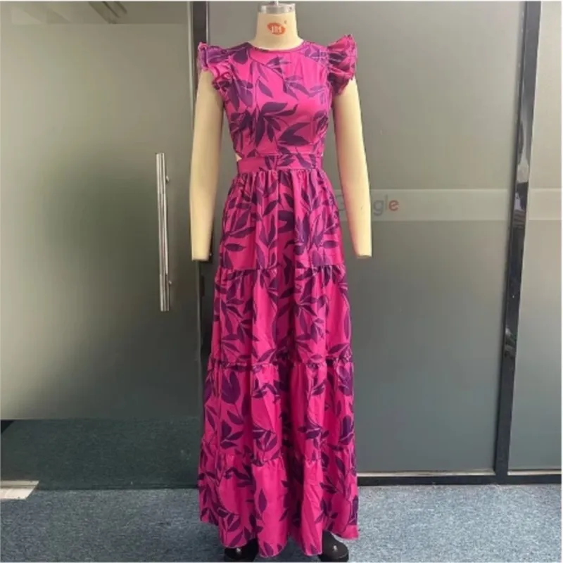 Wefads Maxi Dress Женское элегантное модное платье с рюшами и короткими рукавами круглым