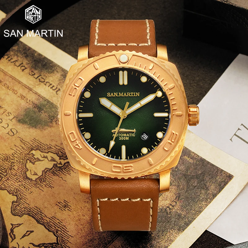 

San Martin Retro Diver Watch CuSn8 Bronze PT5000 Automatic Men Mechanical Watches Leather 300m Water Resistant Luminous Relojes