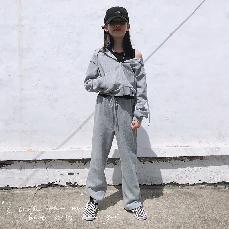 

Jazz Dance Costumes For Kids Hooded Sweater Cardigan Shirts Wide Leg Pants Two Piece Suits Hip Hop Dance Rave Clothes DQS8894