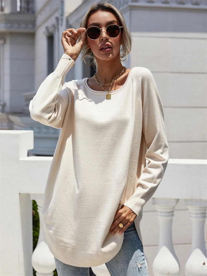 

Новинка, длинные свитера для женщин, модные пуловеры для отдыха для девочек на весну и зиму 2022, повседневные однотонные вязаные свитера овер...