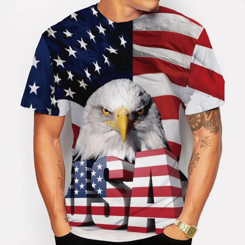 Летняя мужская одежда футболка с круглым вырезом 3D рисунок флага США модная
