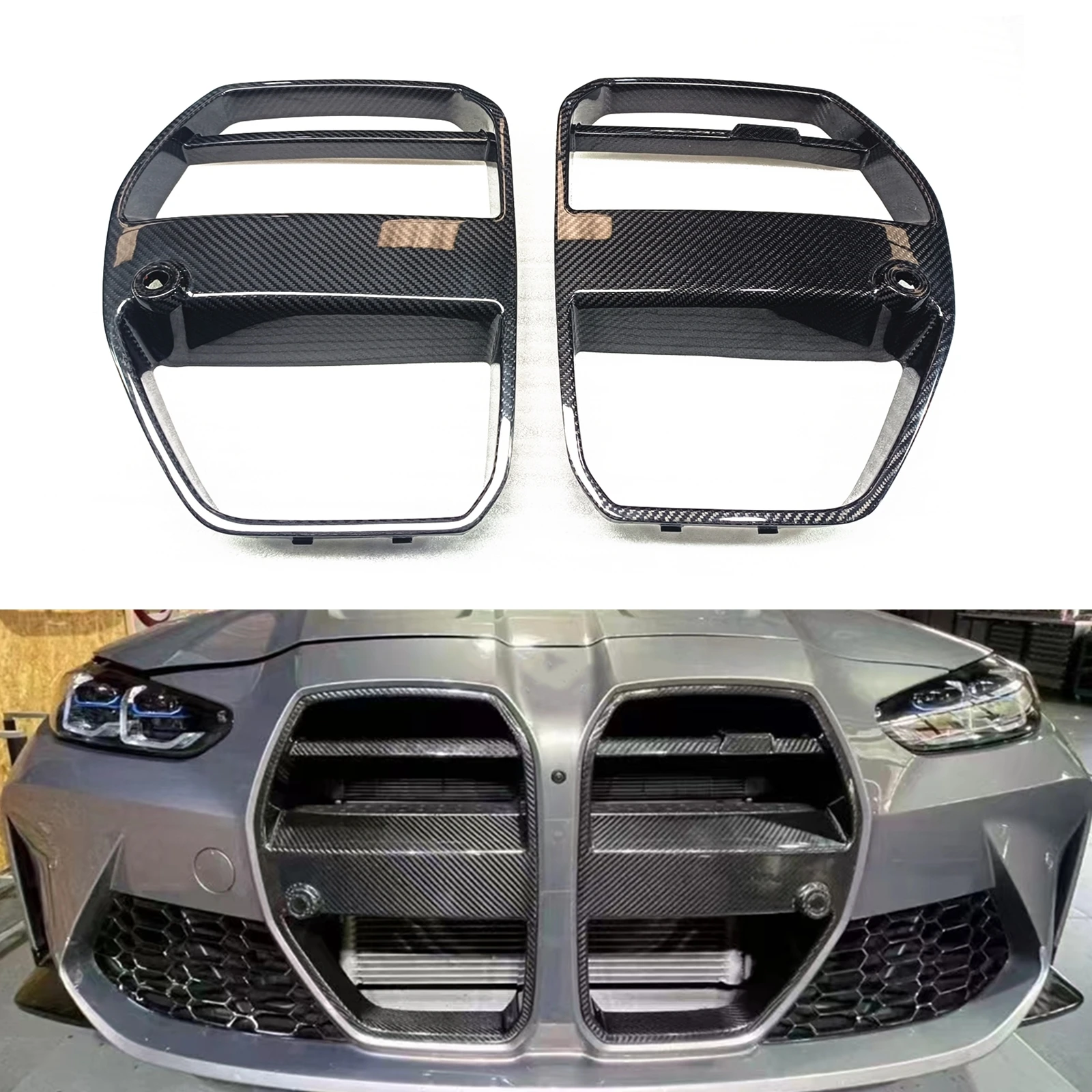 

For BMW M3 G80 M4 G82 G83 2021-2023 Real Carbon Fiber Front Grille Grill Car Upper Bumper Intake Hood Air Vent Mesh Frame Grid