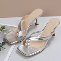 2022 new summer gold women slipper low heel slides female peep toe square heel sandal vacation flip flops mujer shoes