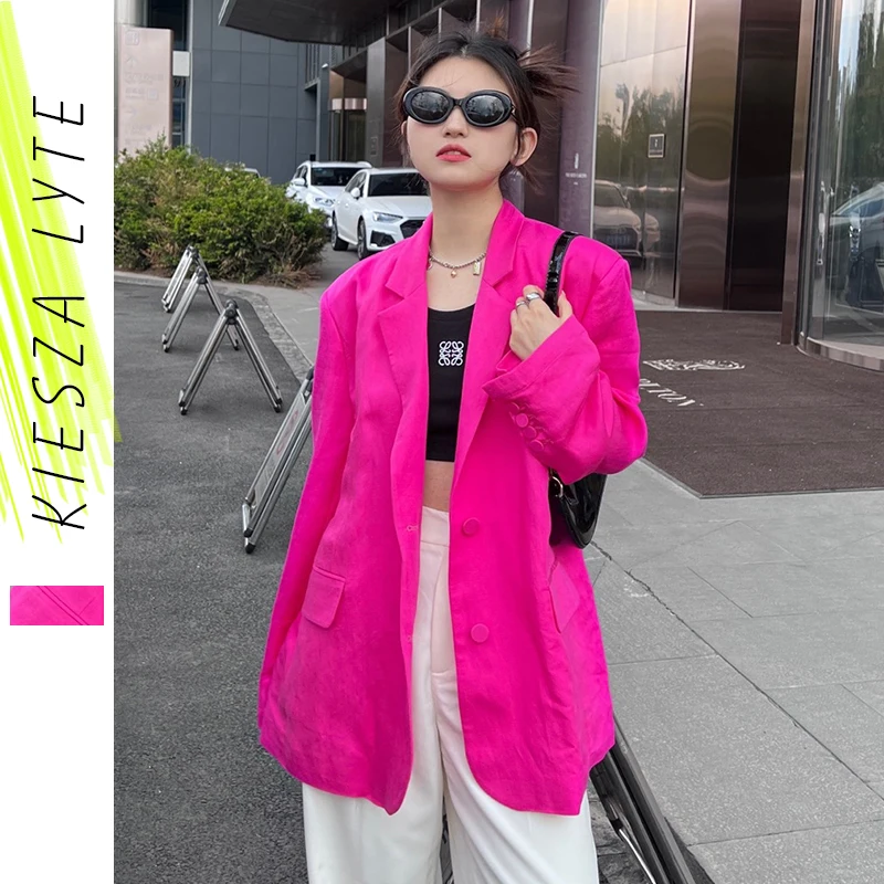 

Women's Blazers Rose Pink Casual Oversized Summer Thin Loose Linen Elegant Female Chic Suits Top